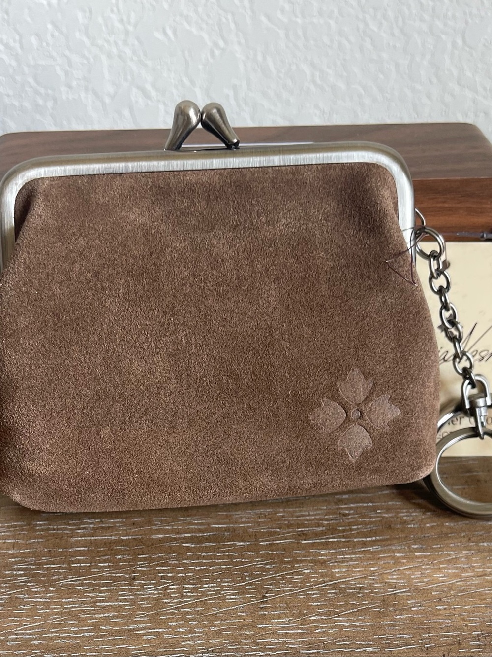 Patricia Nash Brown Suede Kiss-Lock Coin Purse Wallet with Keyring